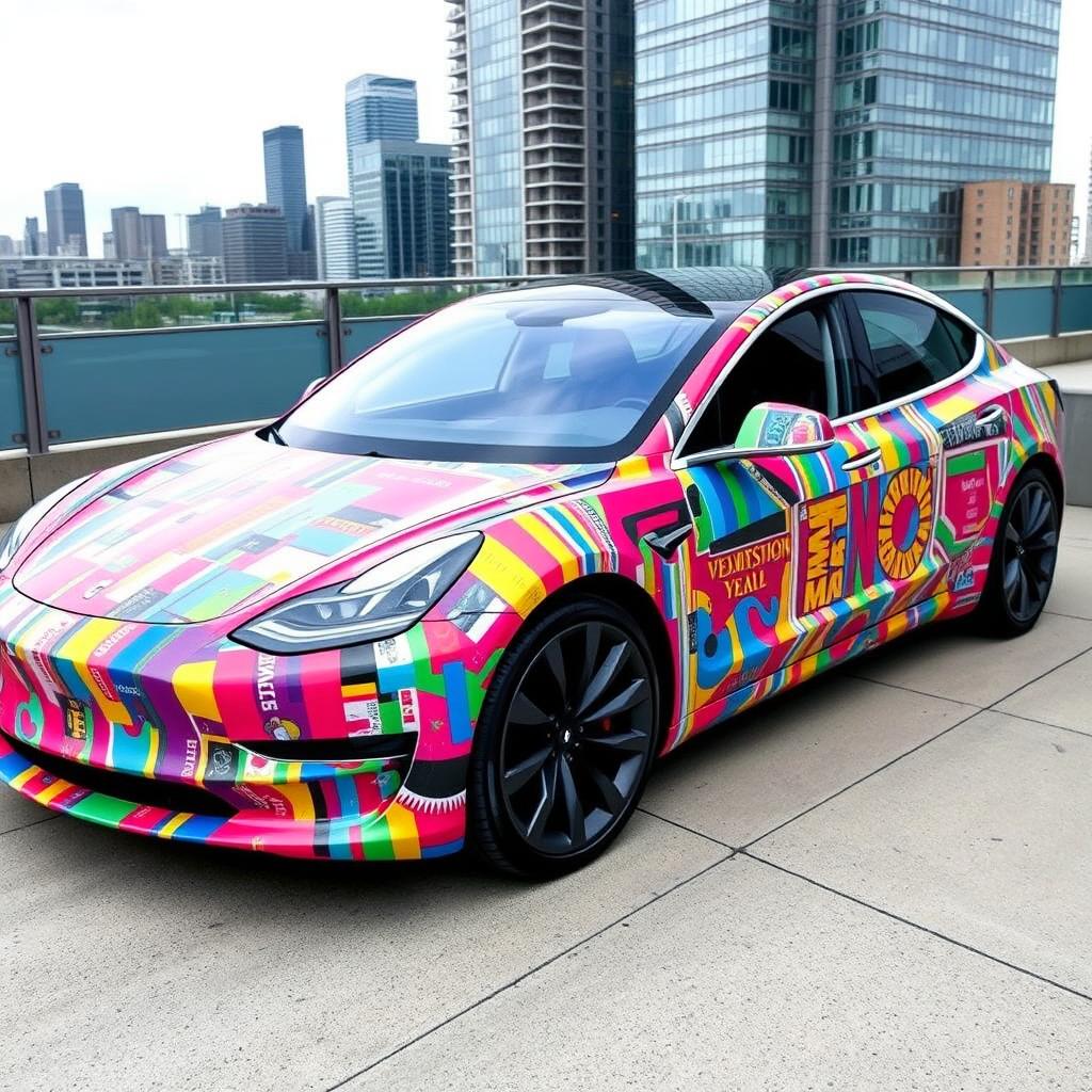 A futuristic Tesla Model 3 wrapped entirely in vibrant, multicolored duct tape patterns, each strip carefully placed to create an eye-catching mosaic design