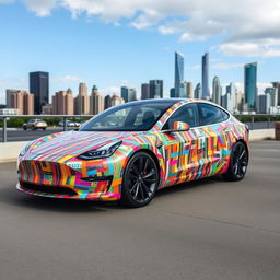 A futuristic Tesla Model 3 wrapped entirely in vibrant, multicolored duct tape patterns, each strip carefully placed to create an eye-catching mosaic design