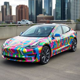 A futuristic Tesla Model 3 wrapped entirely in vibrant, multicolored duct tape patterns, each strip carefully placed to create an eye-catching mosaic design