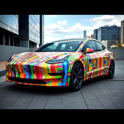 A futuristic Tesla Model 3 wrapped entirely in vibrant, multicolored duct tape patterns, each strip carefully placed to create an eye-catching mosaic design