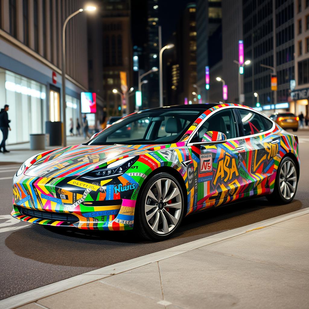 A Tesla Model 3 wrapped in creative, eye-catching designs made from duct tape, showcasing vibrant colors and intricate patterns