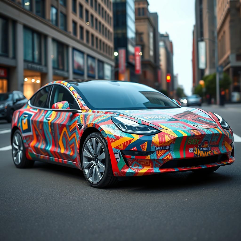 A Tesla Model 3 wrapped in creative, eye-catching designs made from duct tape, showcasing vibrant colors and intricate patterns