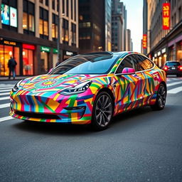 A Tesla Model 3 wrapped in creative, eye-catching designs made from duct tape, showcasing vibrant colors and intricate patterns