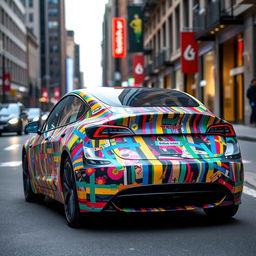 A Tesla Model 3 wrapped in creative, eye-catching designs made from duct tape, showcasing vibrant colors and intricate patterns