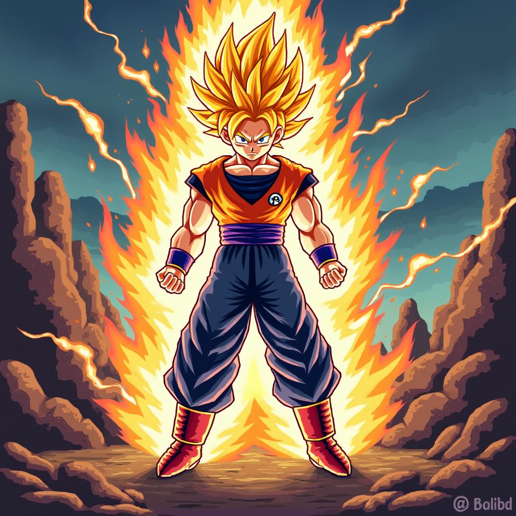 A pixel art depiction of Radiz transforming into a super Saiyan