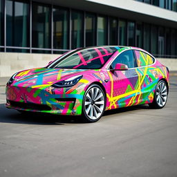 A Tesla Model 3 completely wrapped in a creative, abstract design using duct tape in various vibrant colors