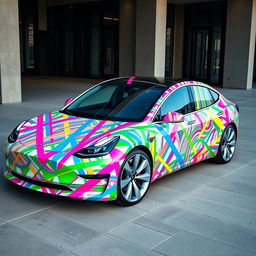 A Tesla Model 3 completely wrapped in a creative, abstract design using duct tape in various vibrant colors