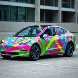 A Tesla Model 3 completely wrapped in a creative, abstract design using duct tape in various vibrant colors