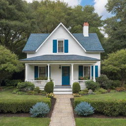 A charming two-story house, surrounded by a beautifully landscaped garden, with white walls, a blue roof, and a cozy front porch.