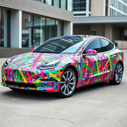 A Tesla Model 3 completely wrapped in a creative, abstract design using duct tape in various vibrant colors