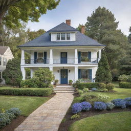 A charming two-story house, surrounded by a beautifully landscaped garden, with white walls, a blue roof, and a cozy front porch.