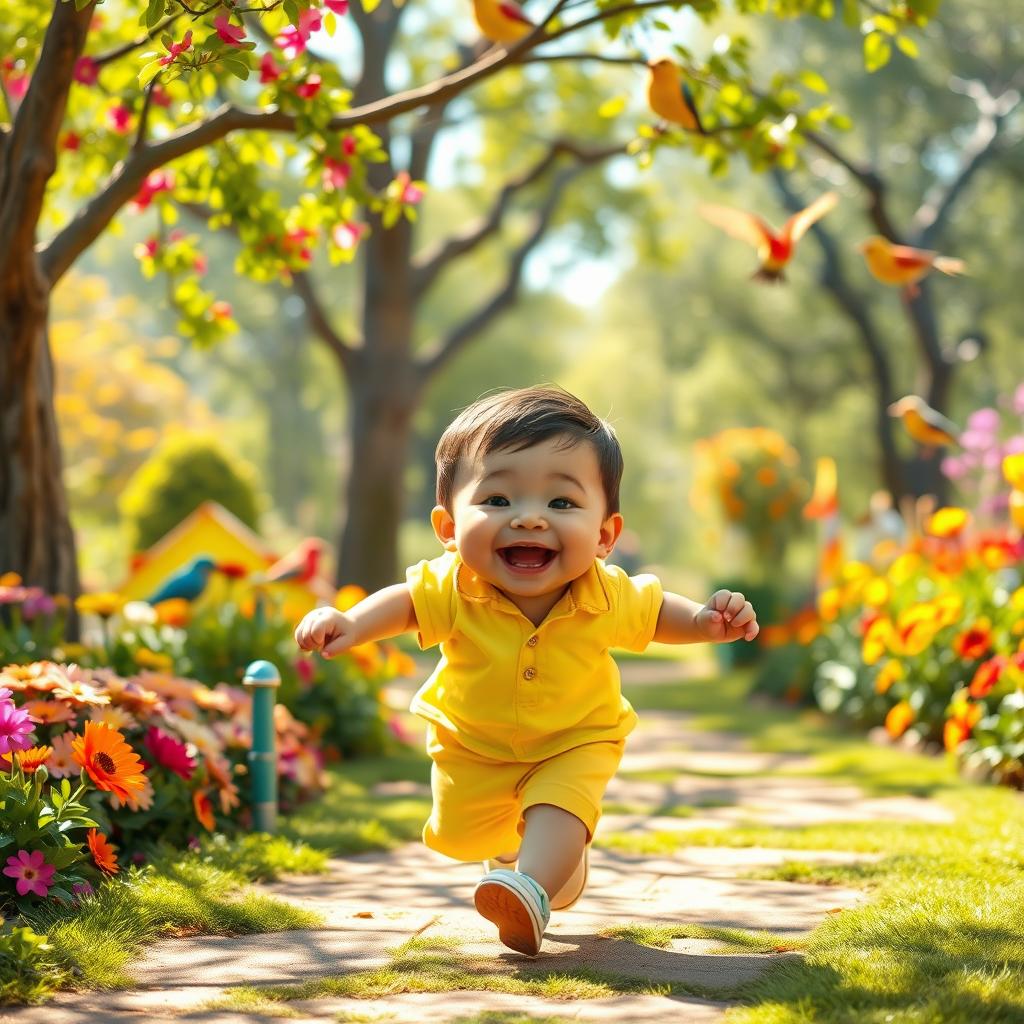 A joyful, chubby boy with a big, friendly smile, playing in a vibrant park setting