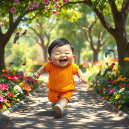 A joyful, chubby boy with a big, friendly smile, playing in a vibrant park setting