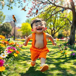 A joyful, chubby boy with a big, friendly smile, playing in a vibrant park setting