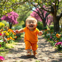 A joyful, chubby boy with a big, friendly smile, playing in a vibrant park setting