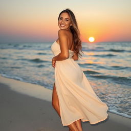 A beautiful and confident woman with visible cellulite on her thighs standing gracefully on a sandy beach