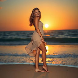 A beautiful and confident woman with visible cellulite on her thighs standing gracefully on a sandy beach