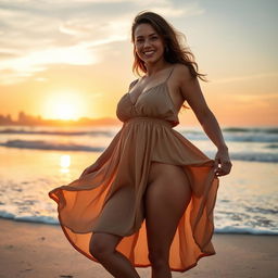 A beautiful and confident woman with visible cellulite on her thighs standing gracefully on a sandy beach