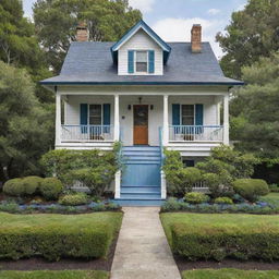 A charming two-story house, surrounded by a beautifully landscaped garden, with white walls, a blue roof, and a cozy front porch.