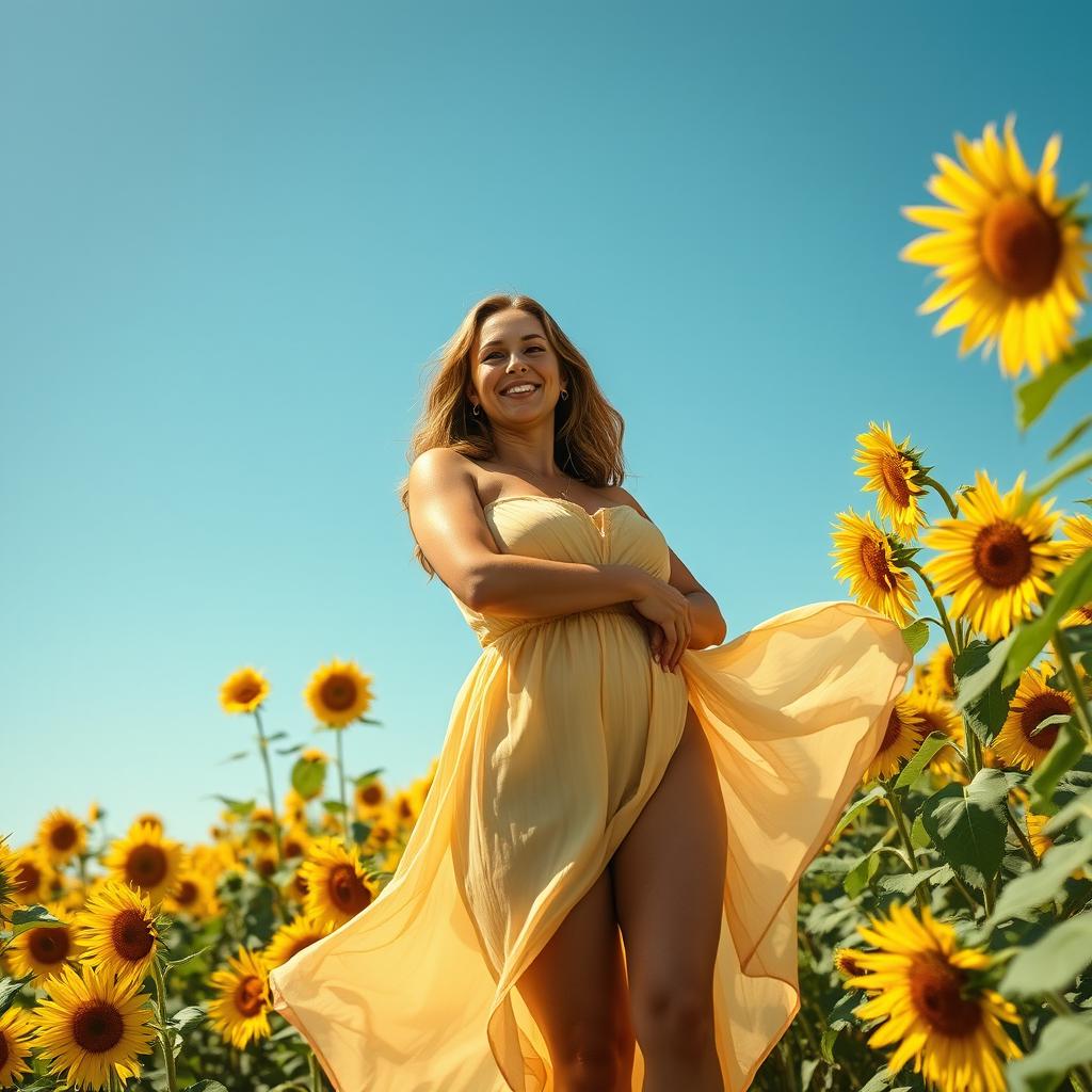 A radiant woman embracing her body confidently, with visible cellulite on her thighs