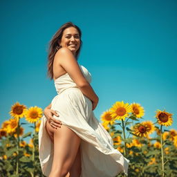 A radiant woman embracing her body confidently, with visible cellulite on her thighs