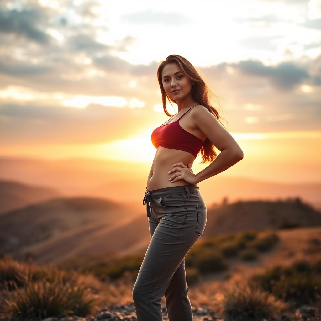 A confident woman proudly showing her body with visible cellulite, standing on a picturesque hilltop during sunrise