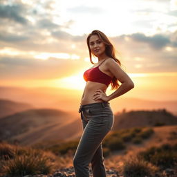 A confident woman proudly showing her body with visible cellulite, standing on a picturesque hilltop during sunrise