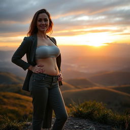 A confident woman proudly showing her body with visible cellulite, standing on a picturesque hilltop during sunrise