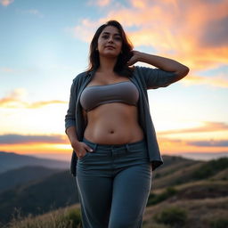 A confident woman proudly showing her body with visible cellulite, standing on a picturesque hilltop during sunrise