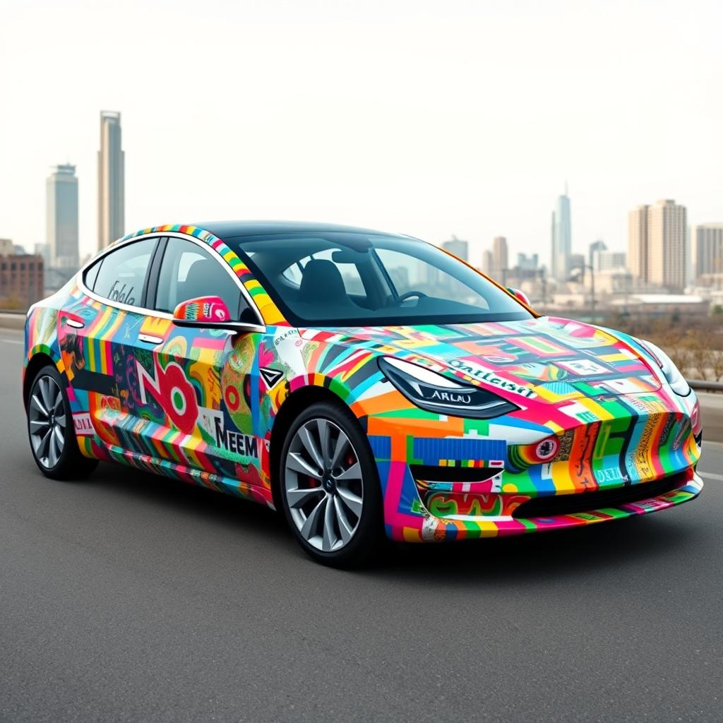 A Tesla Model 3 intricately wrapped in various colorful duct tape patterns and abstract designs