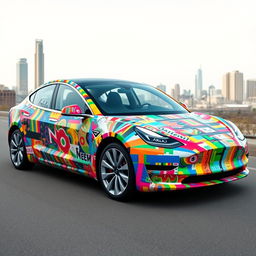 A Tesla Model 3 intricately wrapped in various colorful duct tape patterns and abstract designs