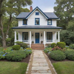 A charming two-story house, surrounded by a beautifully landscaped garden, with white walls, a blue roof, and a cozy front porch.