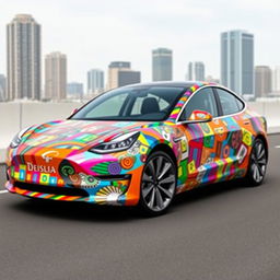 A Tesla Model 3 intricately wrapped in various colorful duct tape patterns and abstract designs