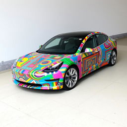 A Tesla Model 3 intricately wrapped in various colorful duct tape patterns and abstract designs