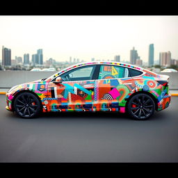 A Tesla Model 3 intricately wrapped in various colorful duct tape patterns and abstract designs