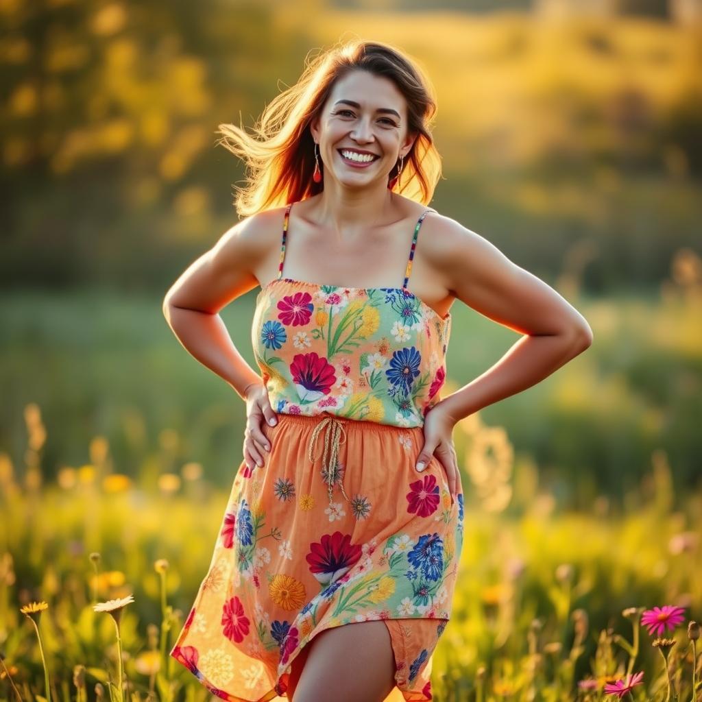 A confident woman proudly embracing her body with visible cellulite, standing on a sunlit meadow