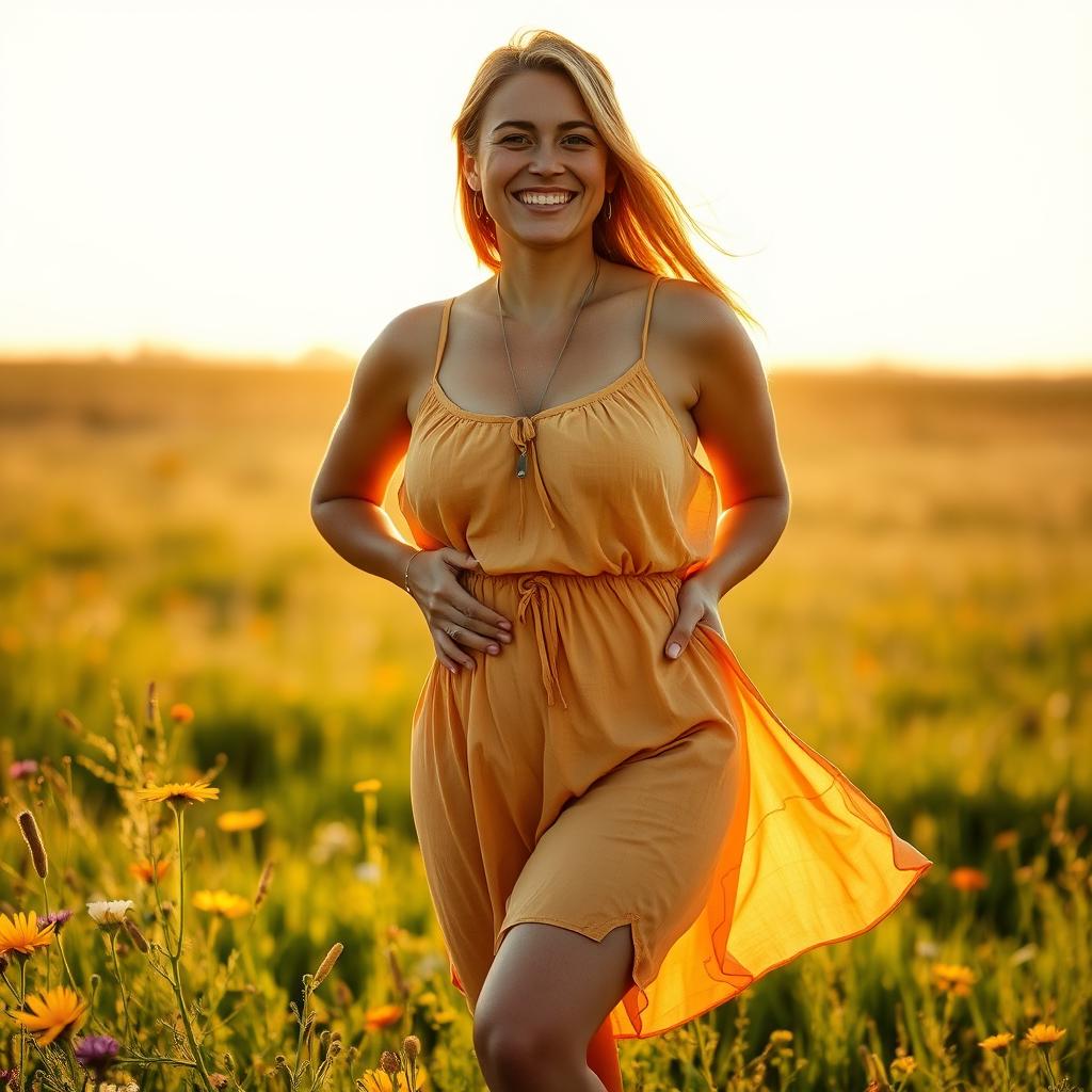 A confident woman proudly embracing her body with visible cellulite, standing on a sunlit meadow