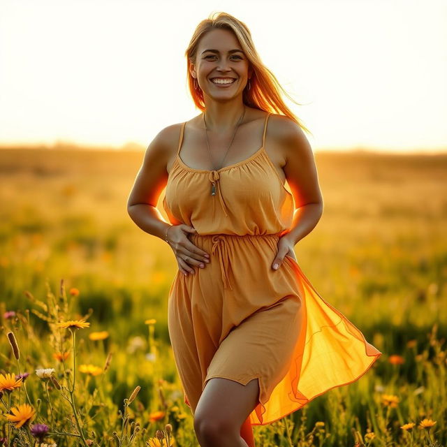 A confident woman proudly embracing her body with visible cellulite, standing on a sunlit meadow