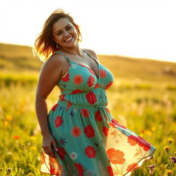 A confident woman proudly embracing her body with visible cellulite, standing on a sunlit meadow