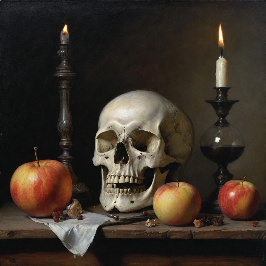 A classical Vanitas still-life painting featuring an assortment of symbolic objects such as a skull, a fading candle, an hourglass, and rotting fruit.