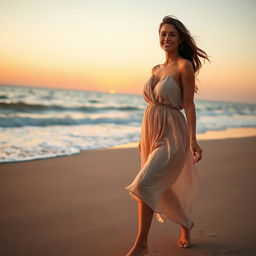 A beautiful woman with visible cellulite confidently walking along a sandy beach at sunset