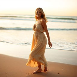 A beautiful woman with visible cellulite confidently walking along a sandy beach at sunset