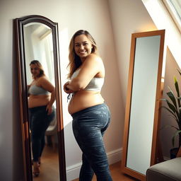 A woman with visible cellulite confidently posing in front of a full-length mirror indoors
