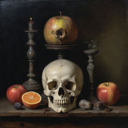 A classical Vanitas still-life painting featuring an assortment of symbolic objects such as a skull, a fading candle, an hourglass, and rotting fruit.