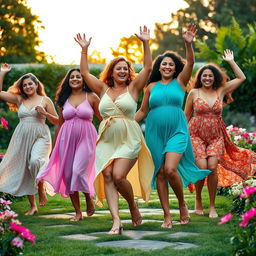 A group of diverse women with visible cellulite joyfully dancing in a beautiful garden