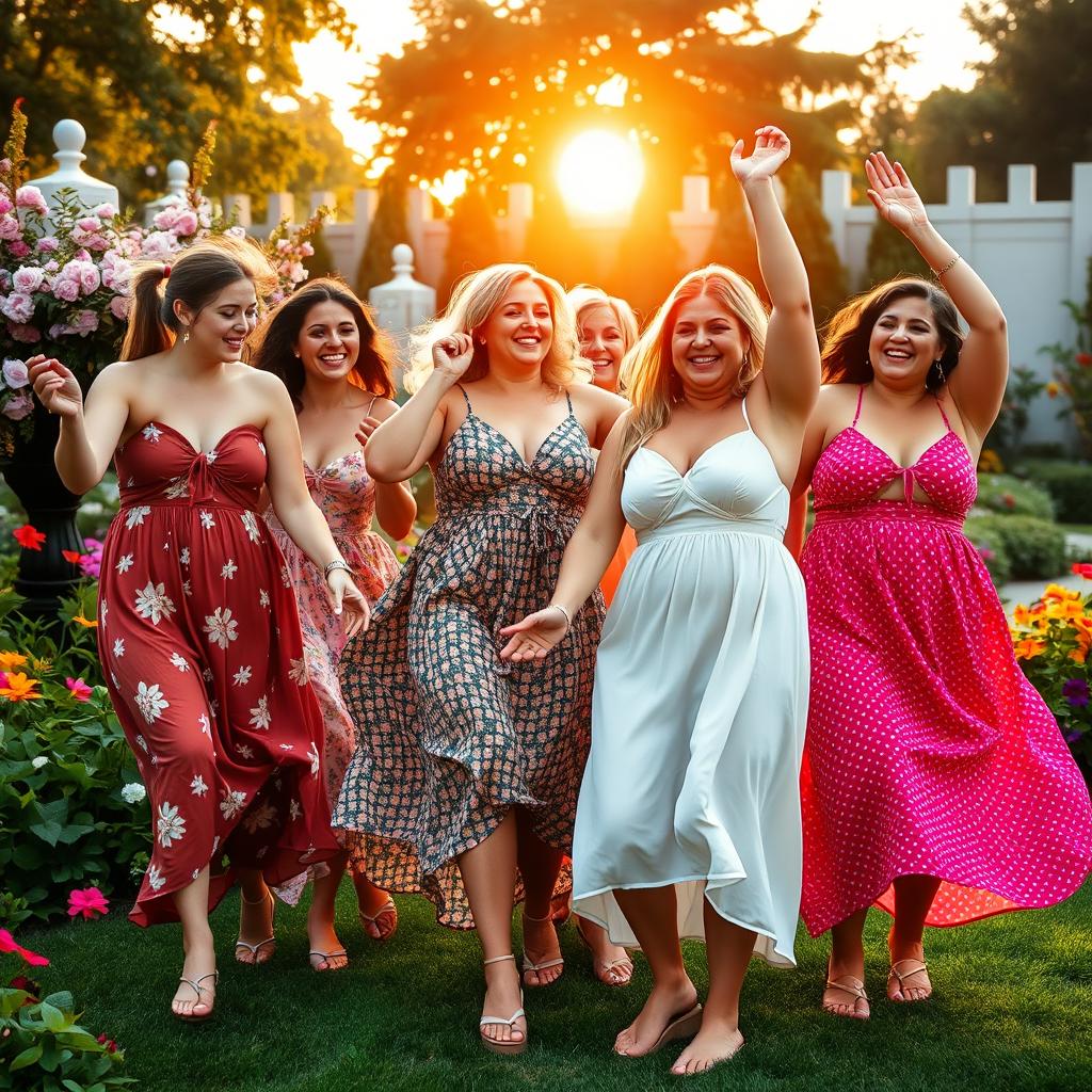 A group of diverse women with visible cellulite joyfully dancing in a beautiful garden