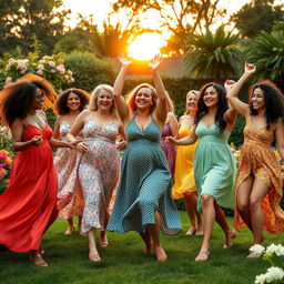 A group of diverse women with visible cellulite joyfully dancing in a beautiful garden