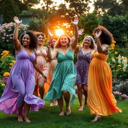 A group of diverse women with visible cellulite joyfully dancing in a beautiful garden