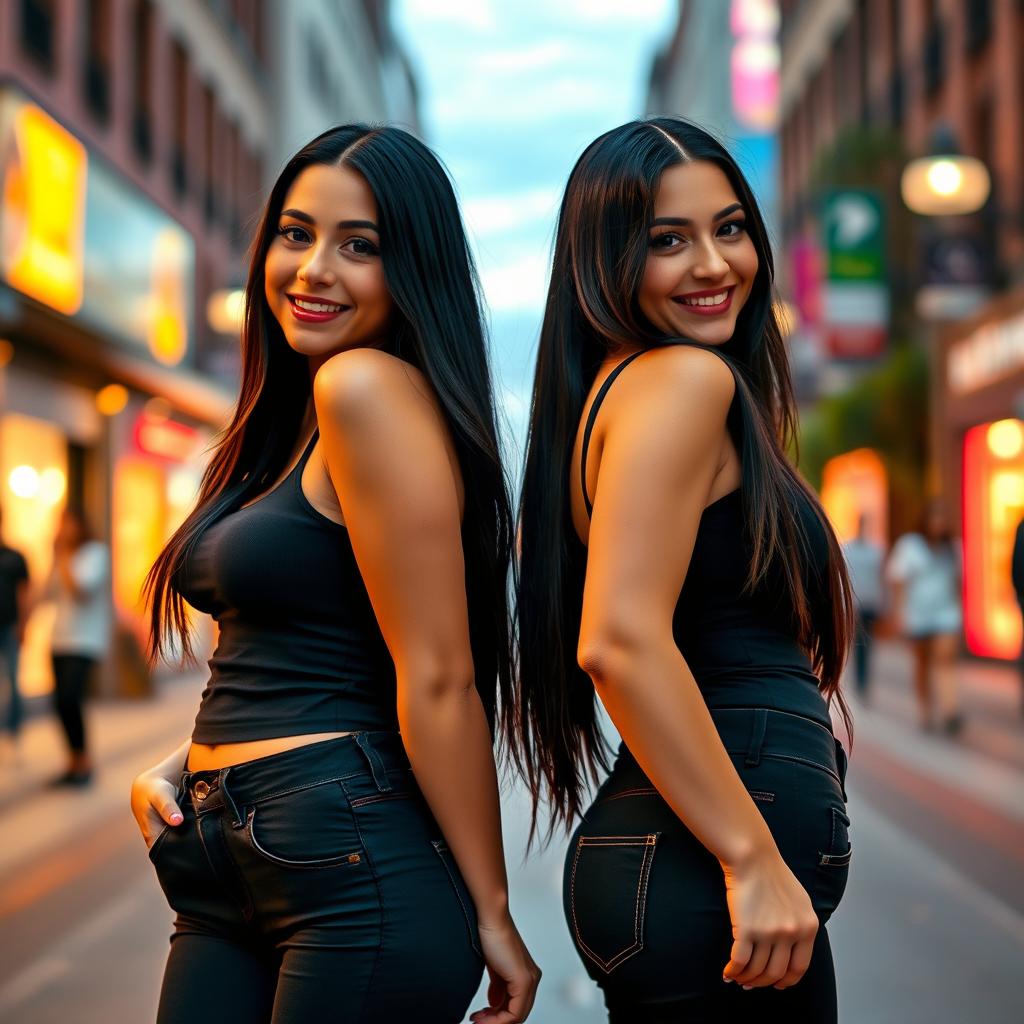 Two identical twin sisters standing side by side, both wearing fitted casual outfits that accentuate their body shapes