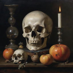 A classical Vanitas still-life painting featuring an assortment of symbolic objects such as a skull, a fading candle, an hourglass, and rotting fruit.